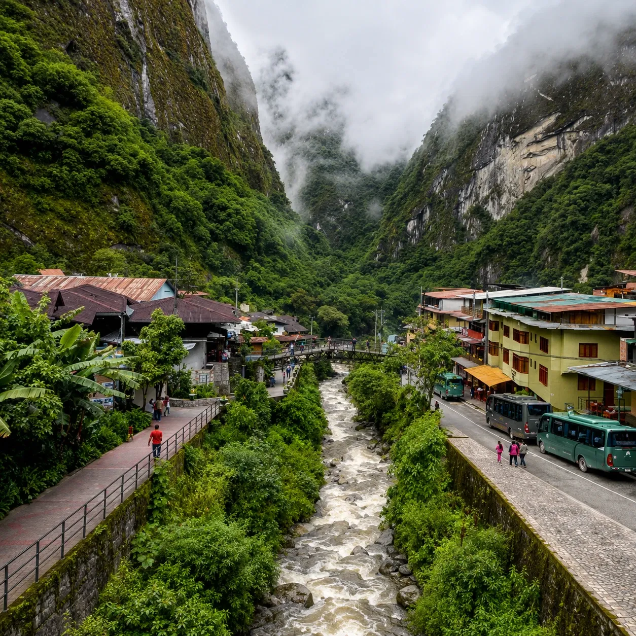 Aguas Calientes strung along its river beneath forested cliffs