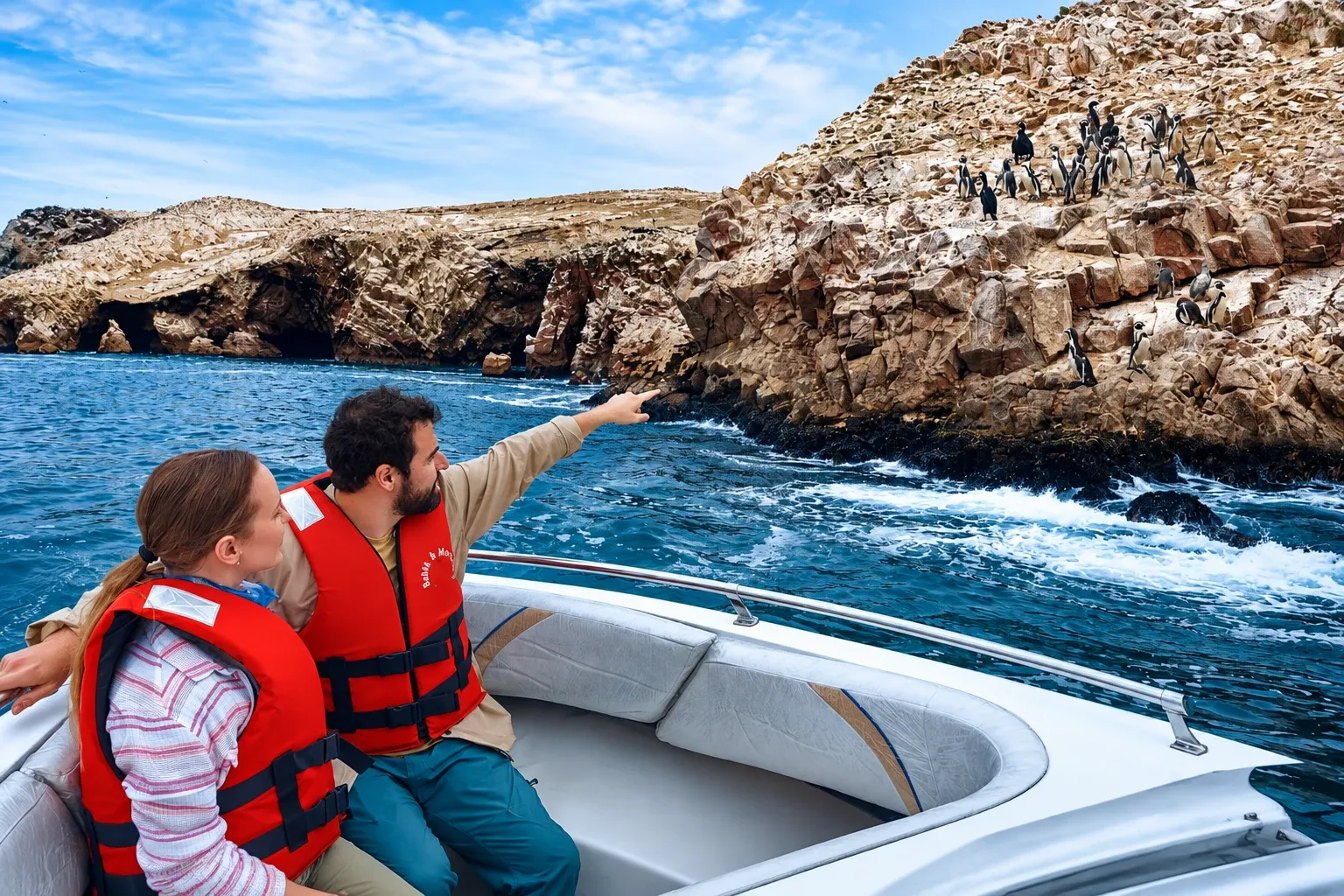 Passengers on a boat pointing at the wildlife of the Ballestas Islands
