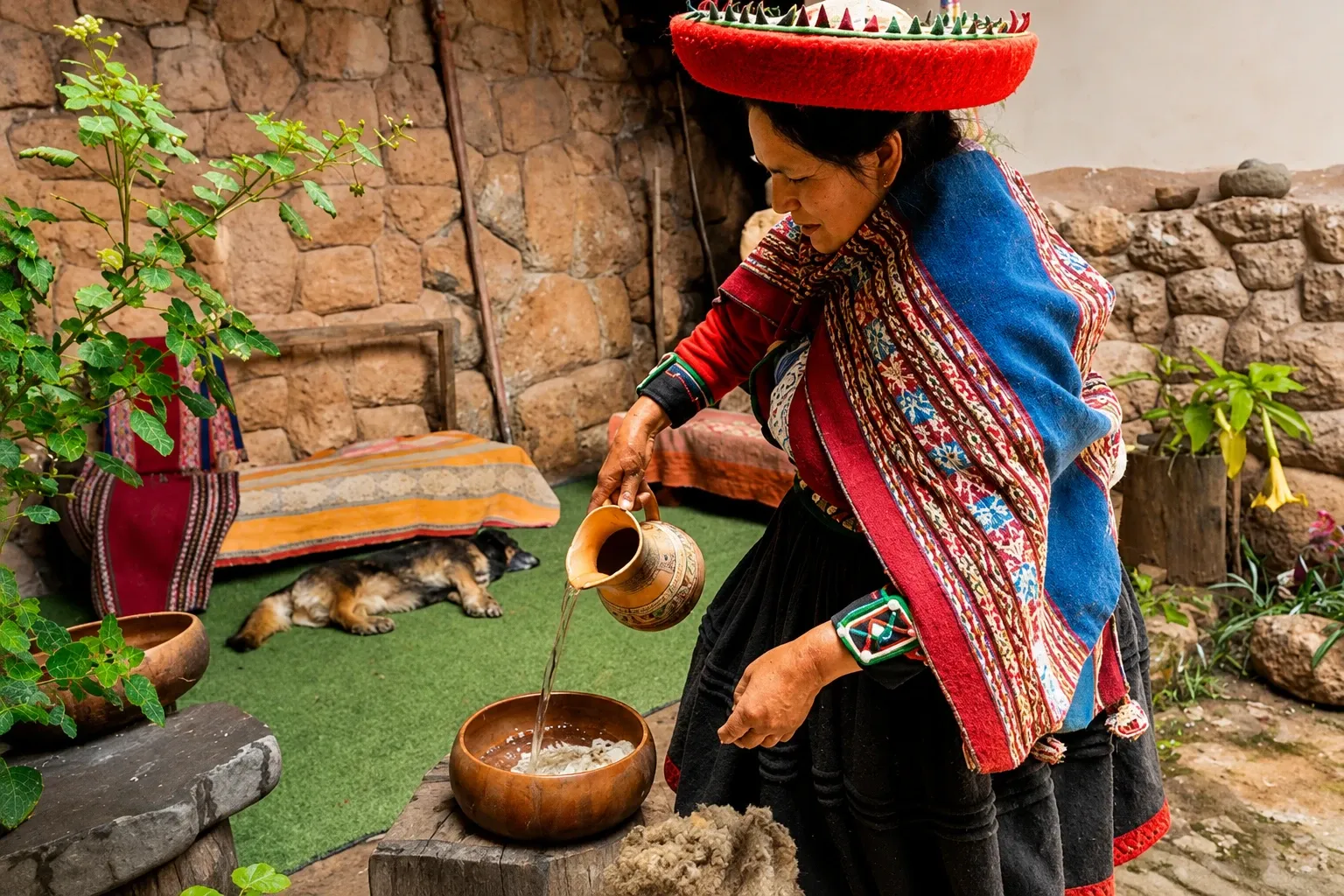 A woman in traditional dress pouring chicha from a clay jug