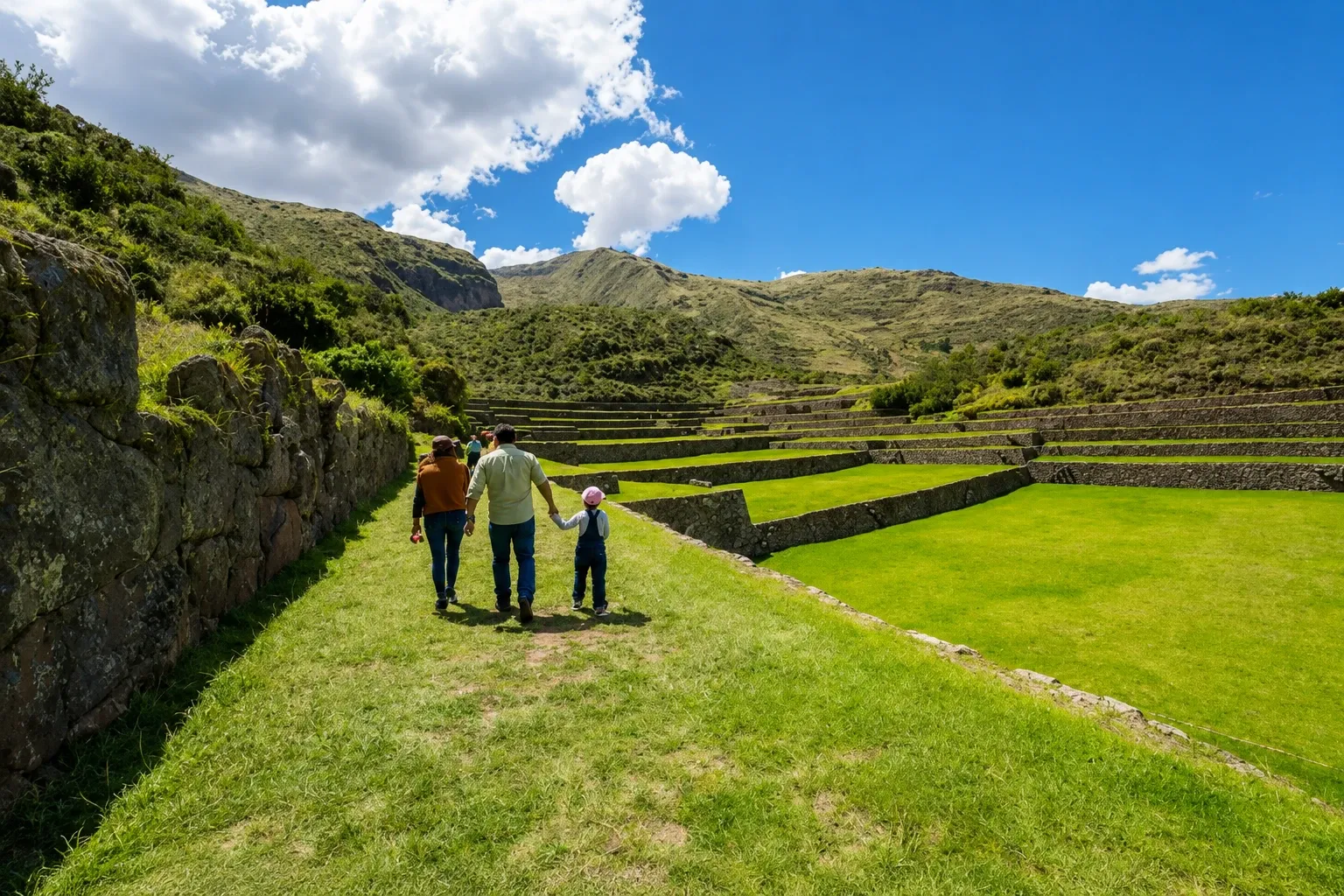 A family walking beside the Inca terraces at Chinchero