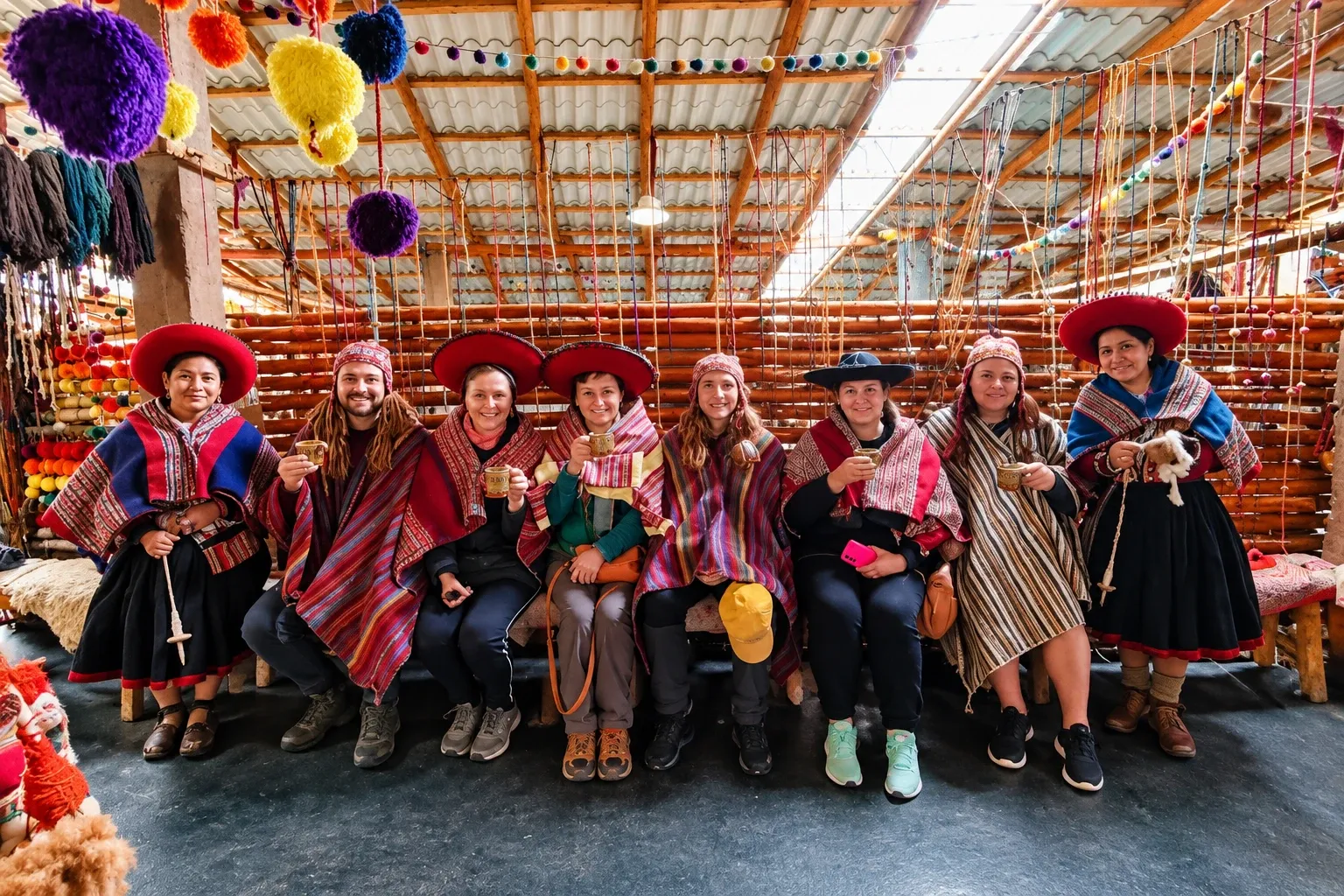 Travellers sitting with the weavers of a textile cooperative