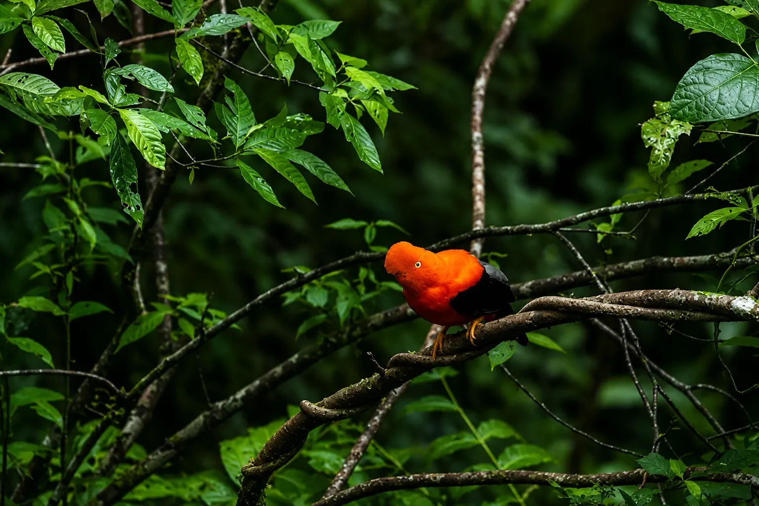 An Andean cock-of-the-rock, Peru's national bird, in the forest
