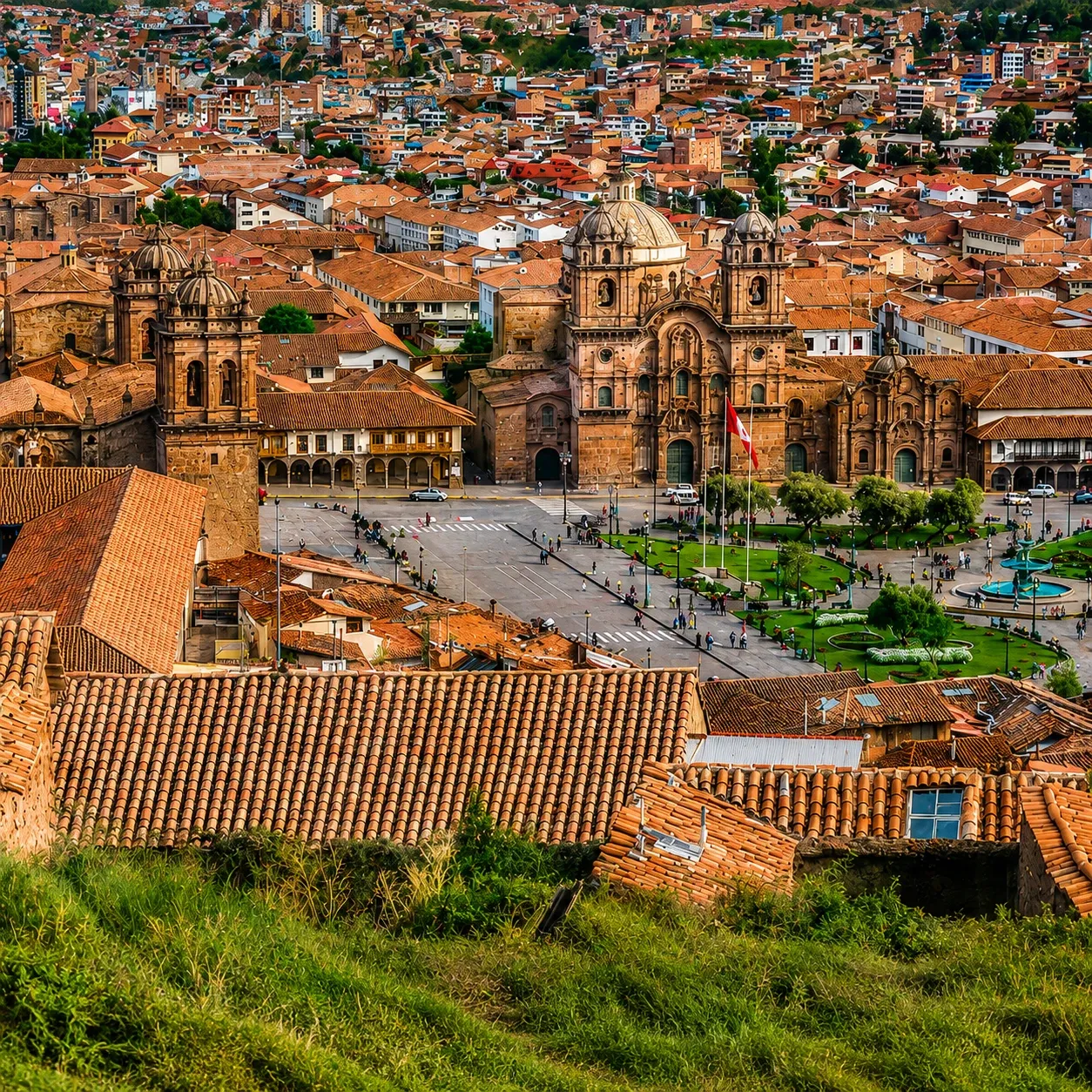 The Plaza de Armas in Cusco seen from the hillside above
