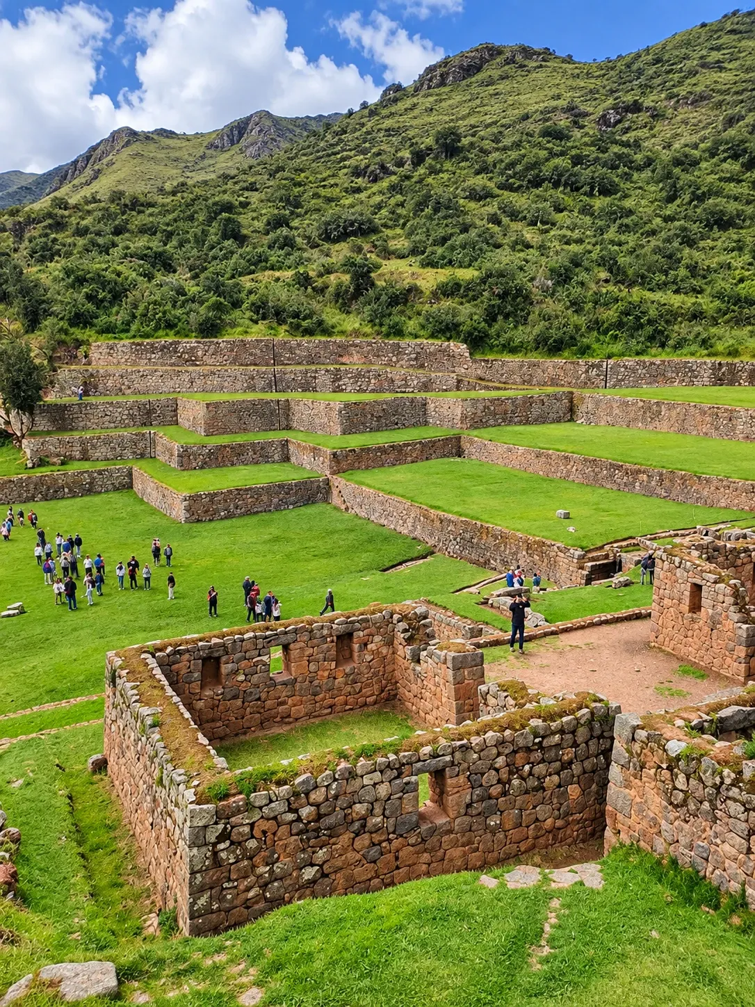 Inca terraces and walled enclosures on a green hillside