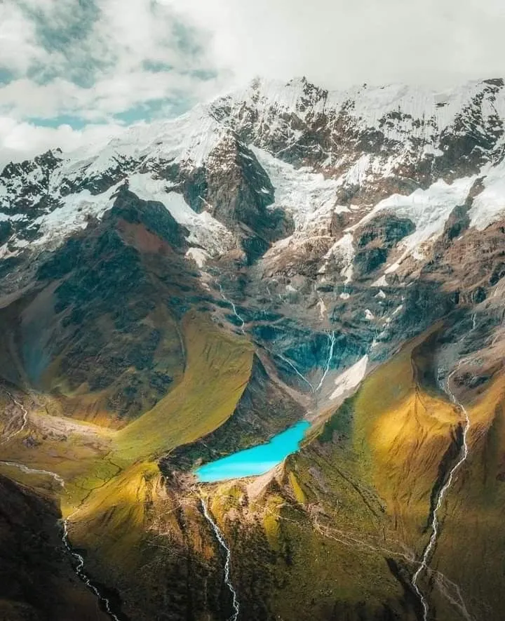 Humantay Lake and the valley below it seen from the air