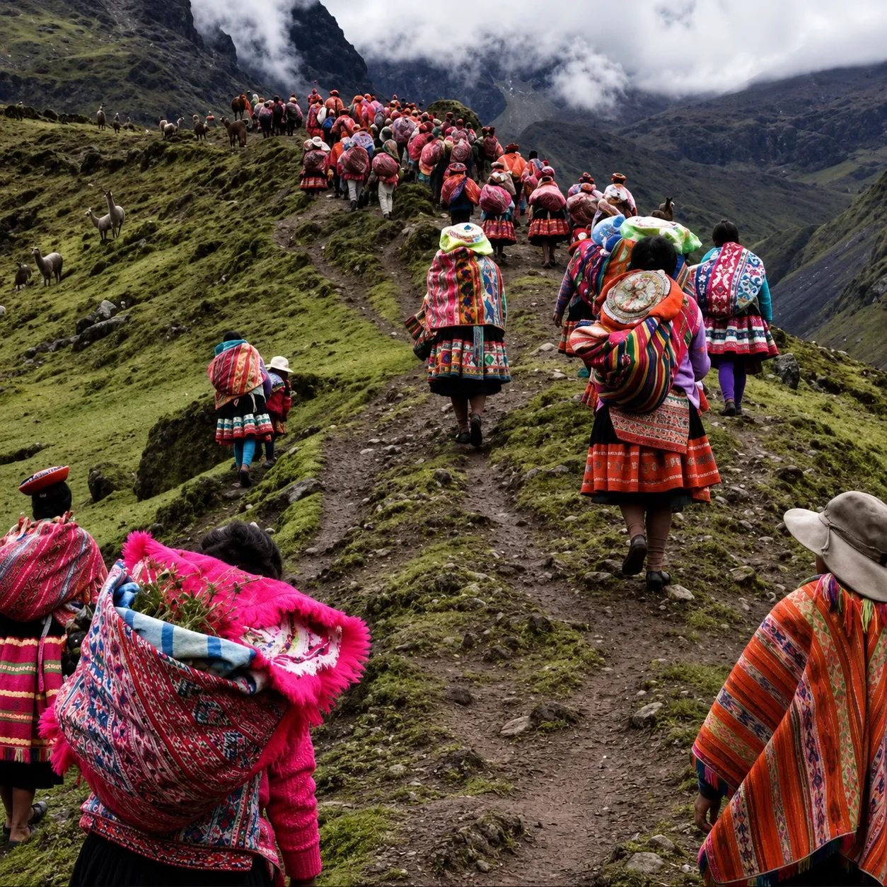Villagers in red woven dress walking a hill path
