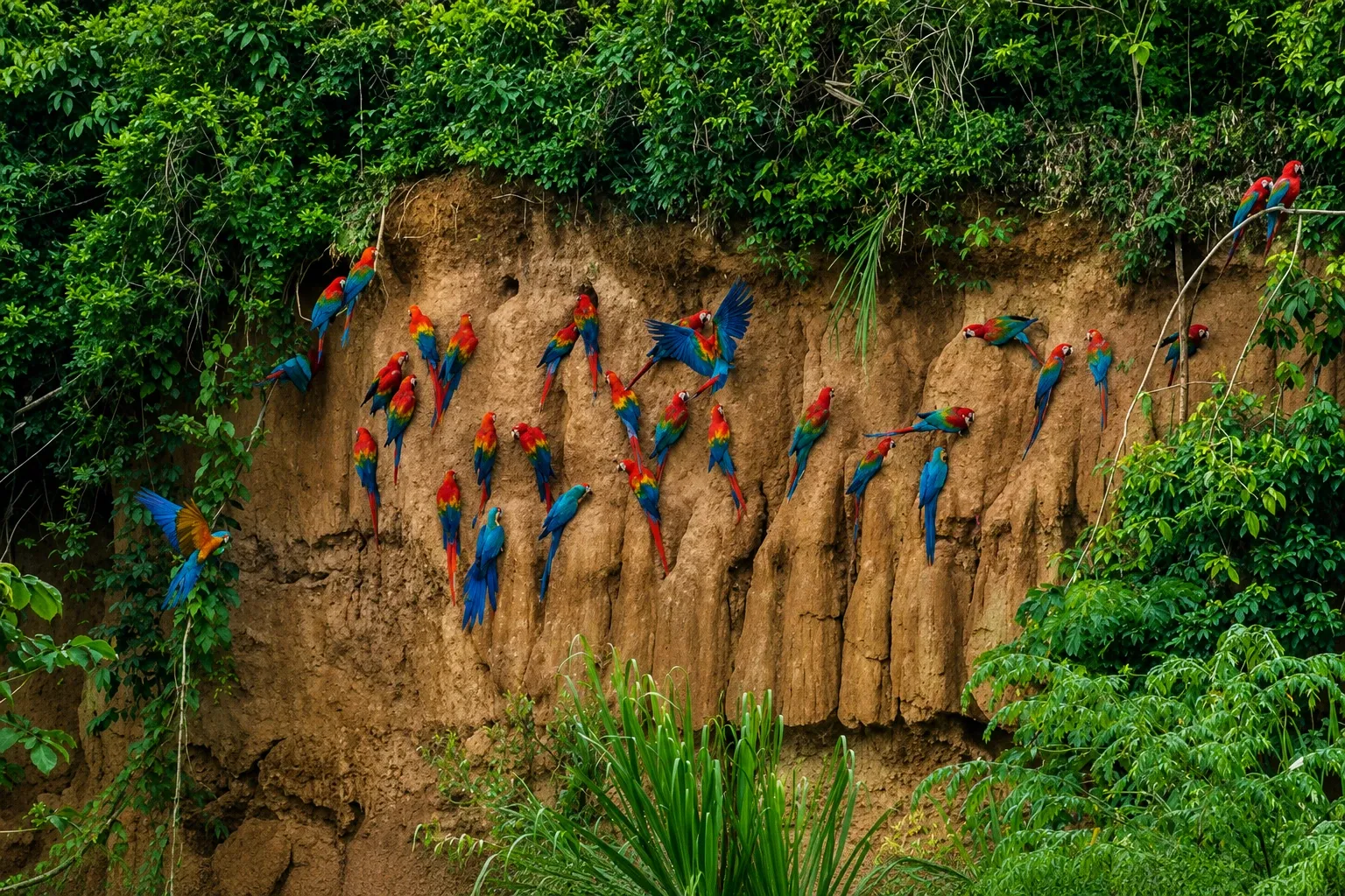 Macaws gathered on a clay lick in the rainforest