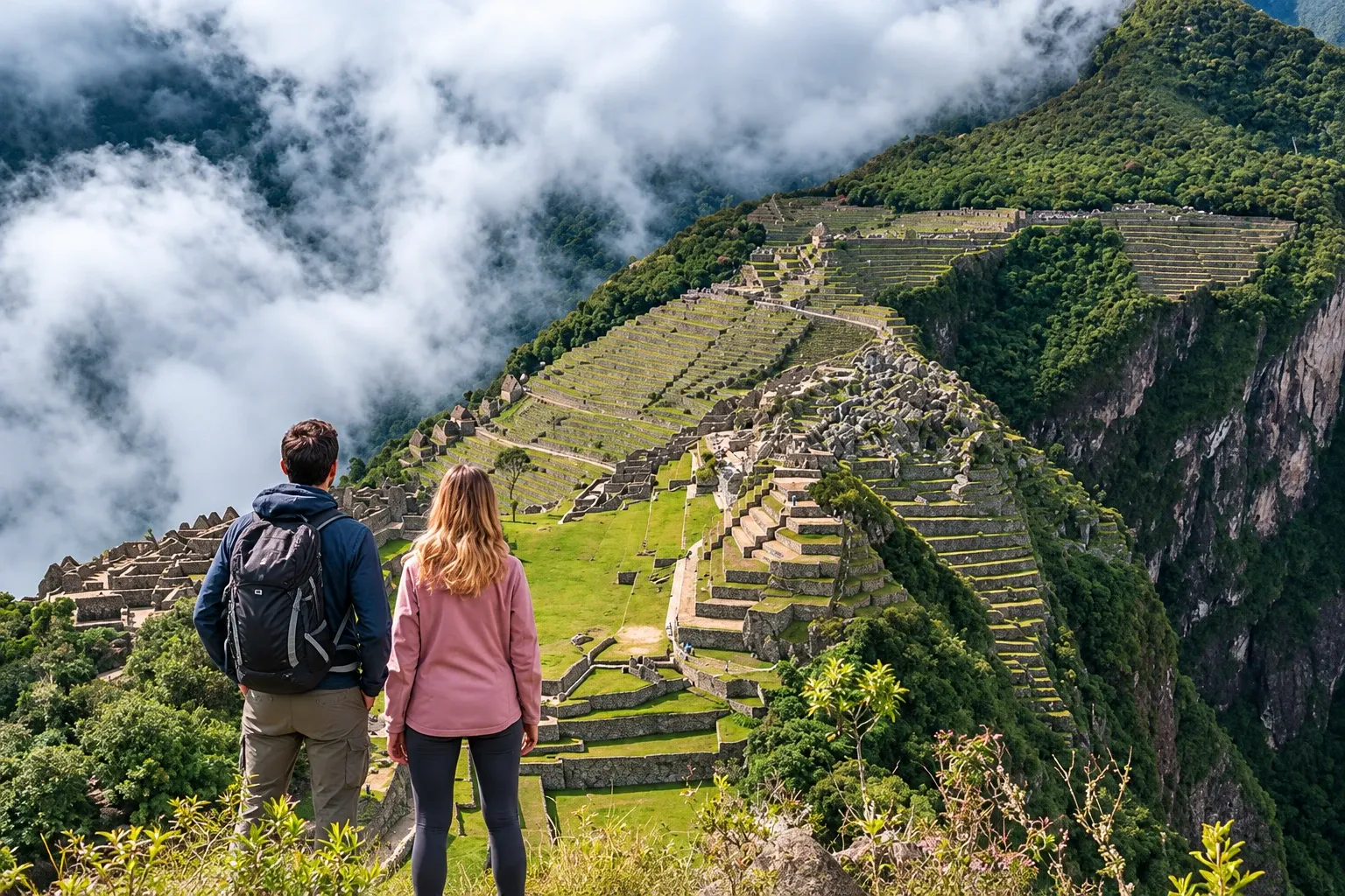 Two walkers looking down on Machu Picchu's terraces through cloud