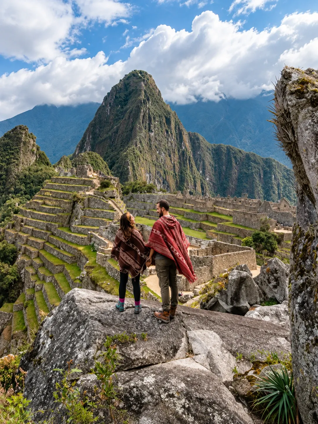 Two travellers on the rocks above Machu Picchu