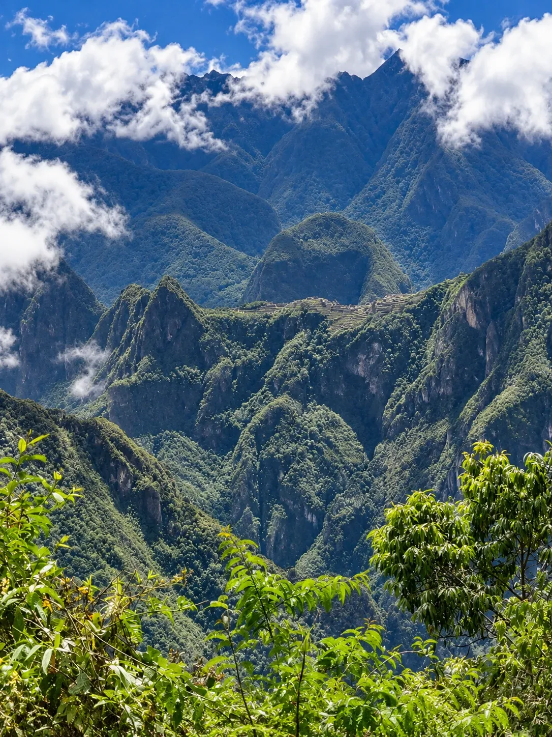 Machu Picchu's ridge seen from far across the forested valley