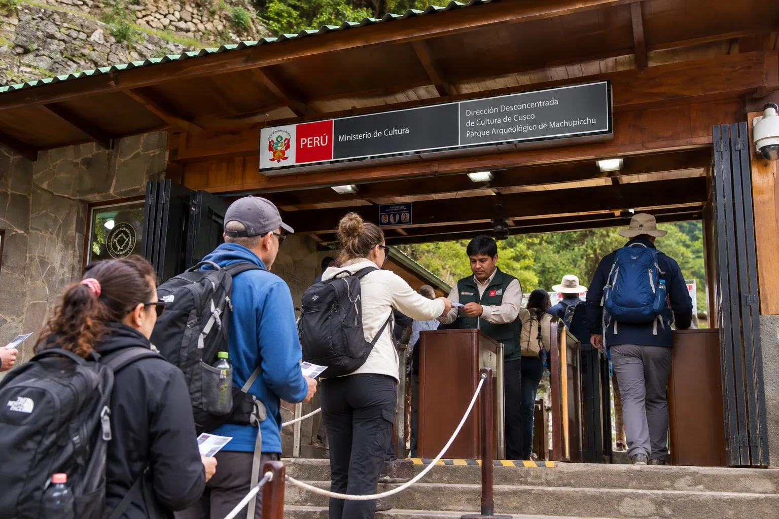 Visitors showing their tickets at the Machu Picchu entrance