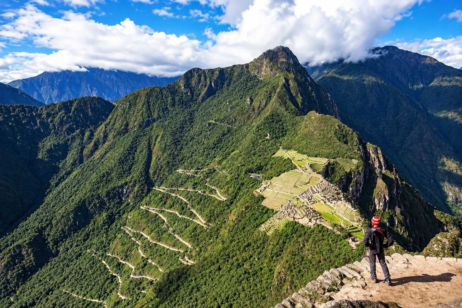 Machu Picchu and the zigzag bus road seen from the Machu Picchu Mountain trail