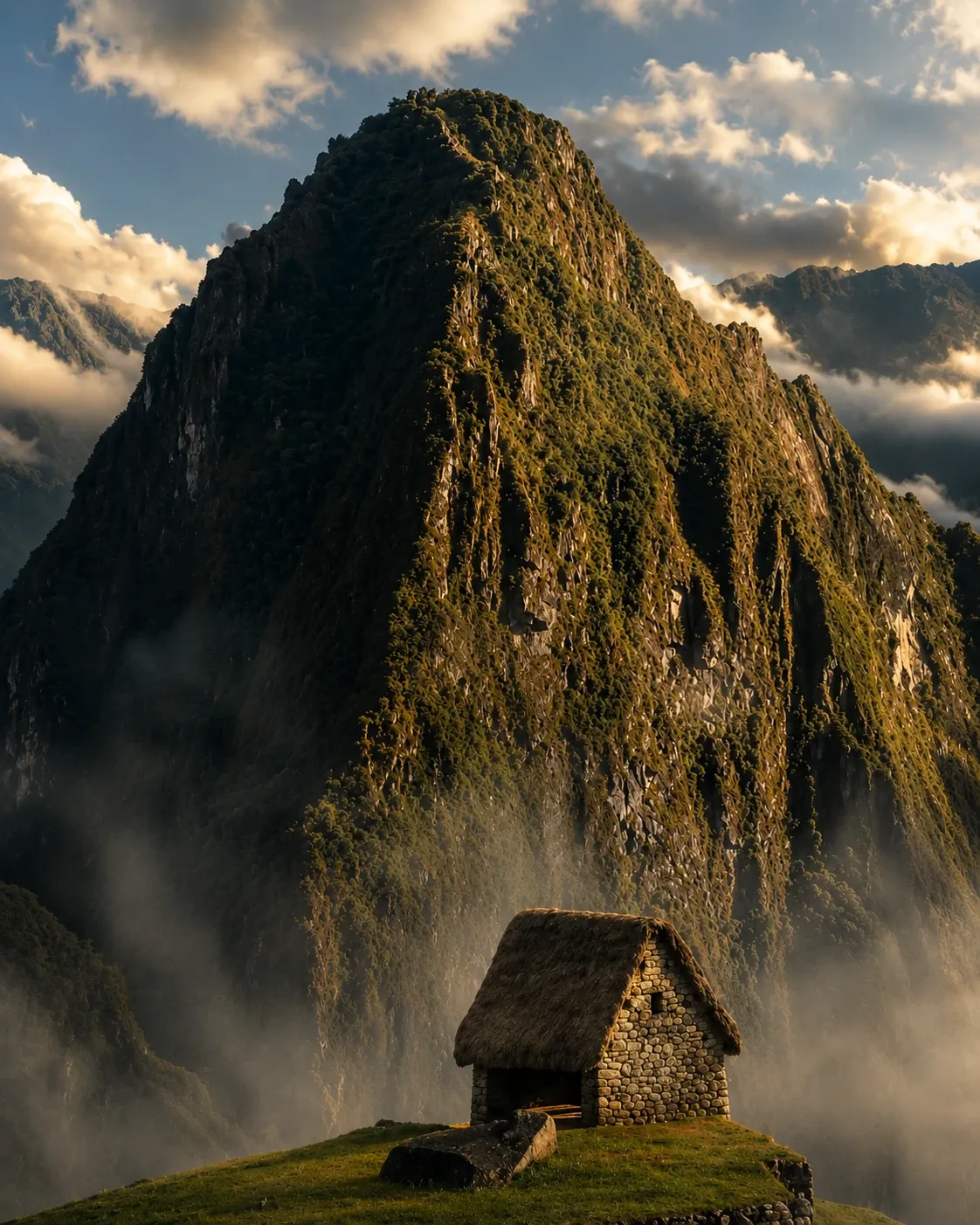 A thatched hut below Huayna Picchu in evening light