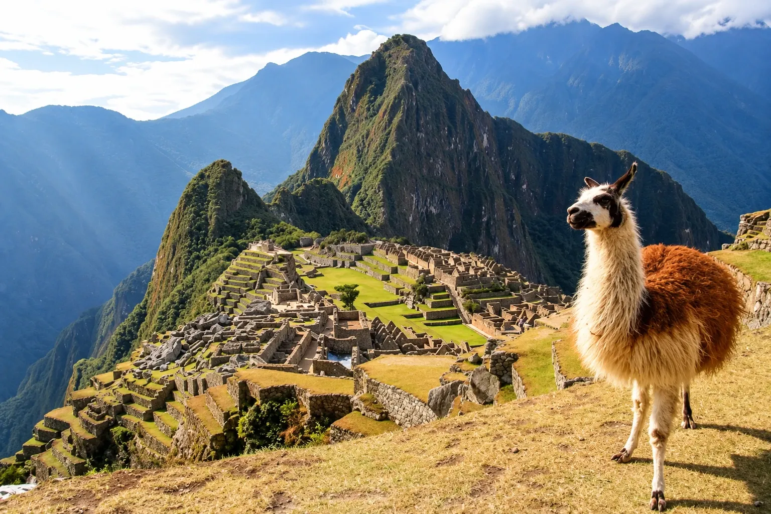A llama on the upper terraces with Machu Picchu spread out behind it