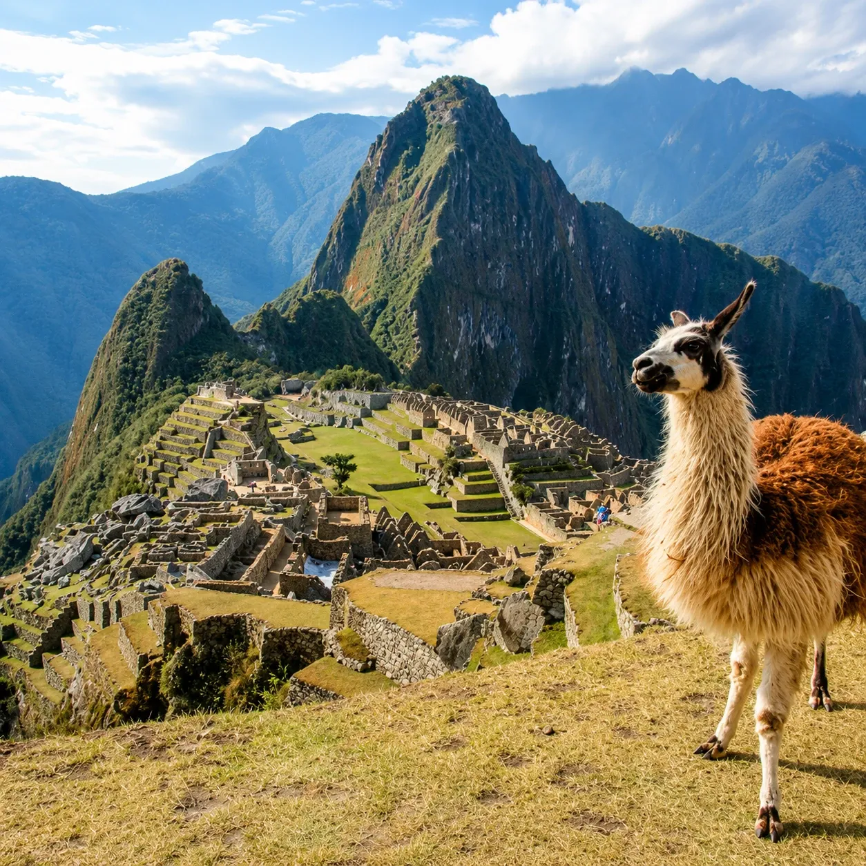 A llama on the grass above Machu Picchu
