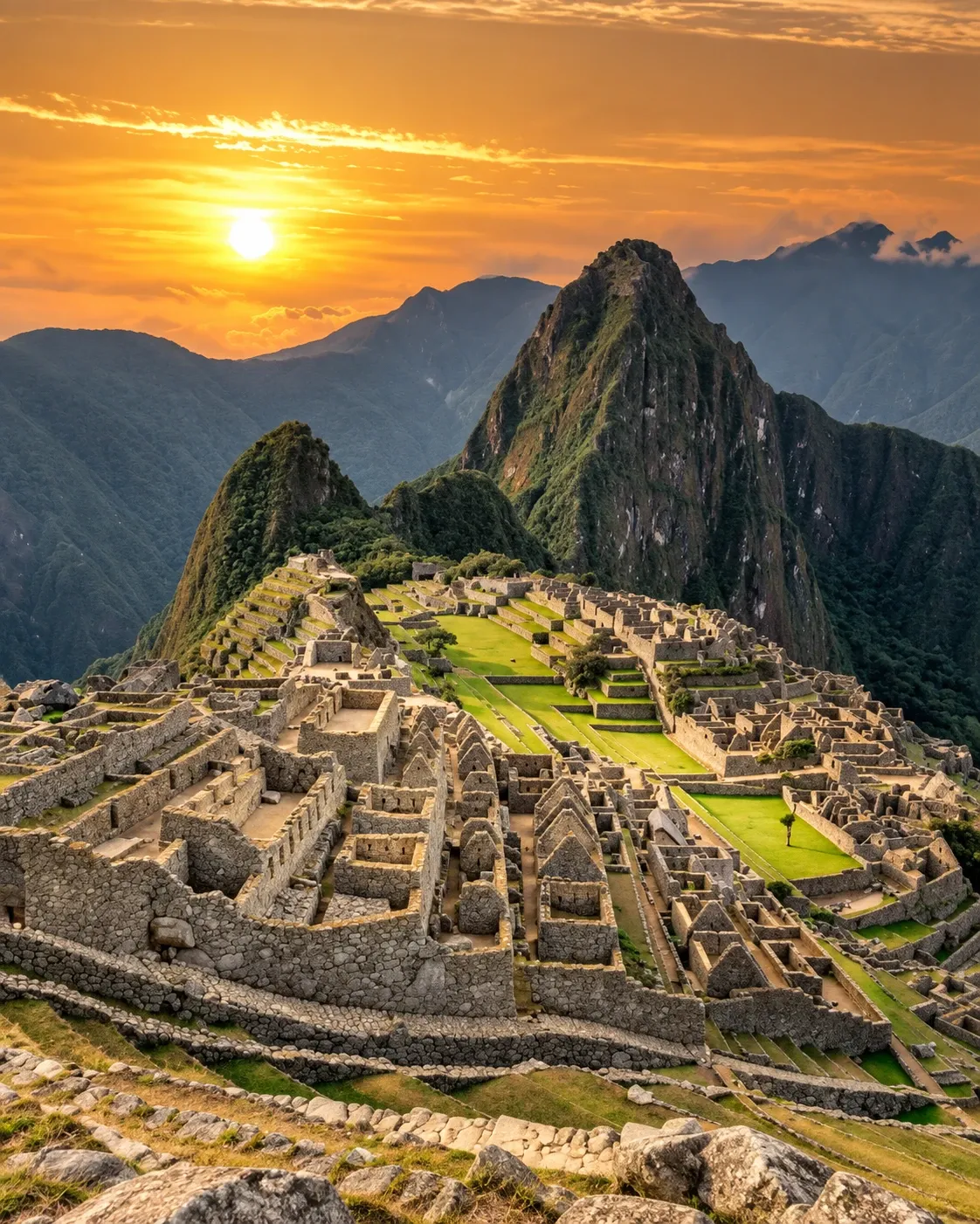 Low sun over Machu Picchu and Huayna Picchu