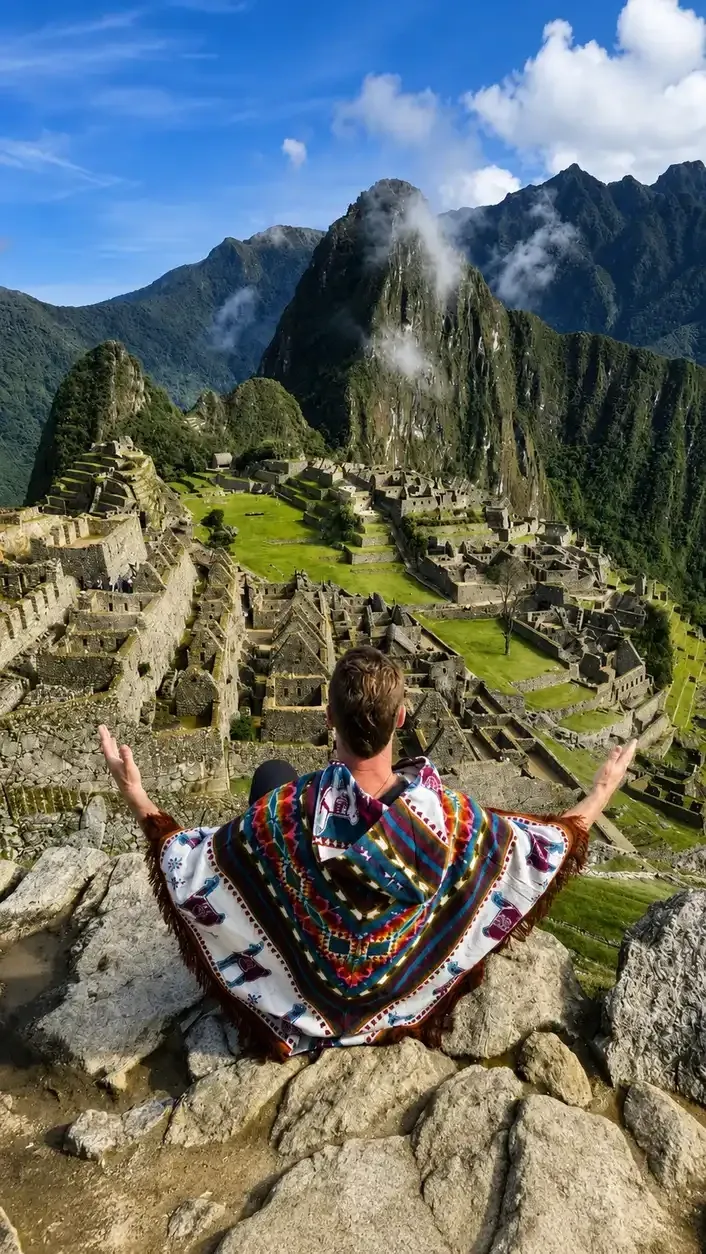 A visitor in a patterned poncho sitting above the ruins of Machu Picchu