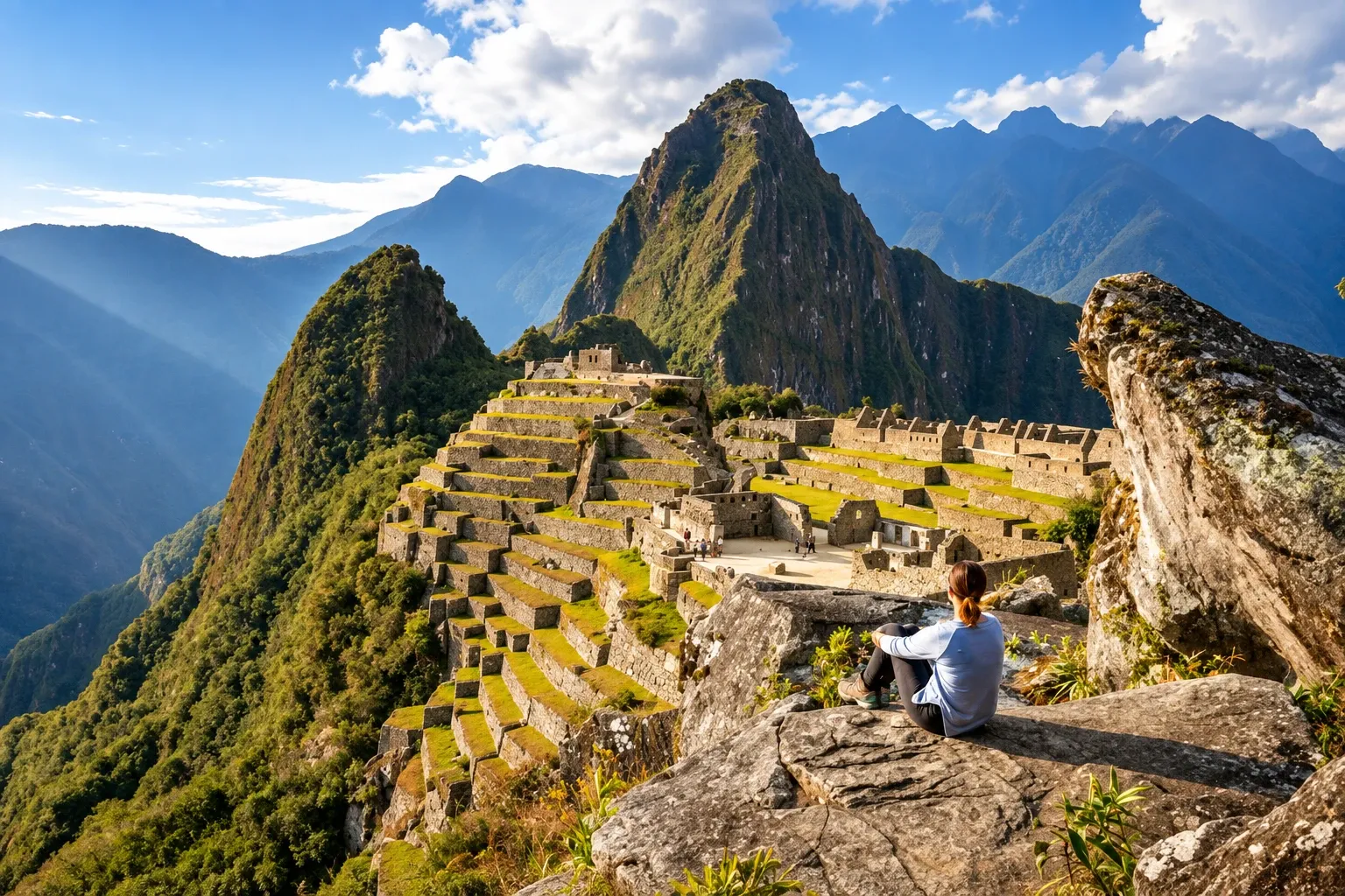 A visitor resting on the rocks above Machu Picchu's terraces