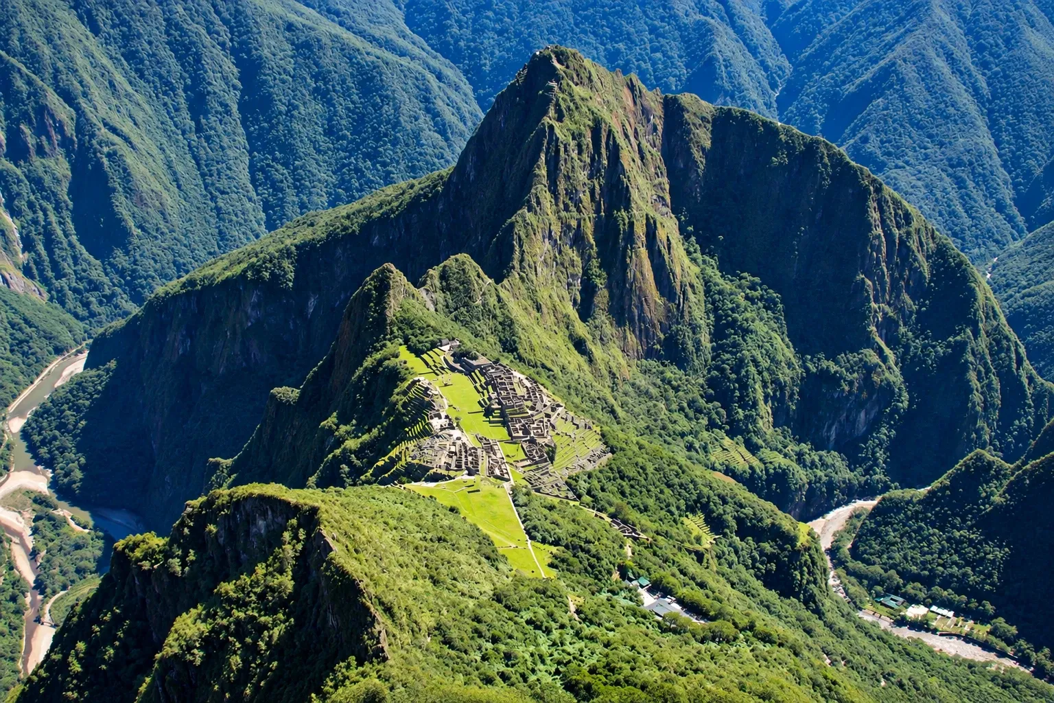 The ridge of Machu Picchu and Huayna Picchu from the air