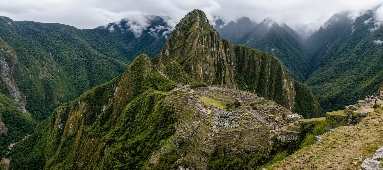 Machu Picchu on its ridge with the Urubamba gorge on either side