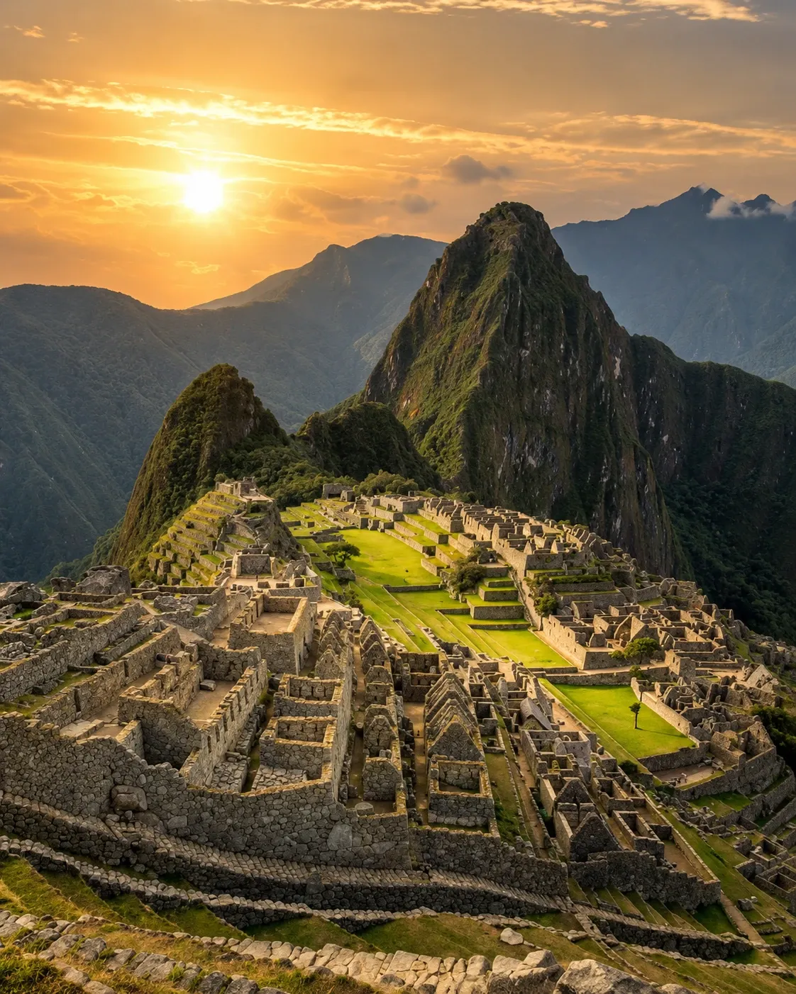 Sunrise behind the mountains above Machu Picchu