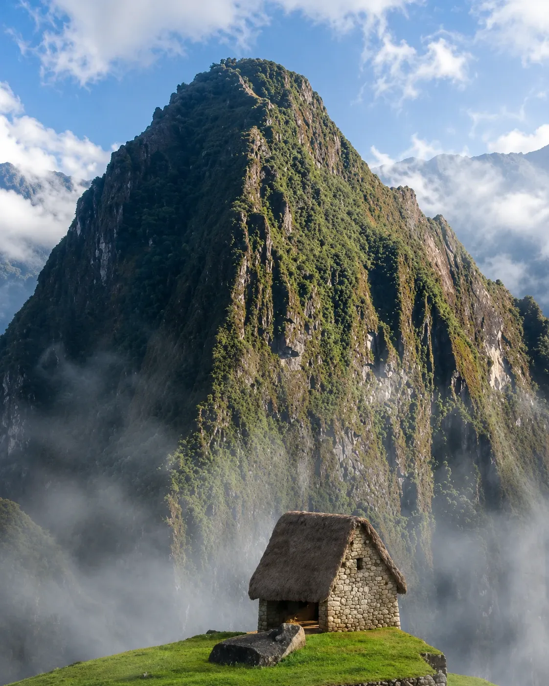 A thatched Inca hut beneath the steep face of Huayna Picchu