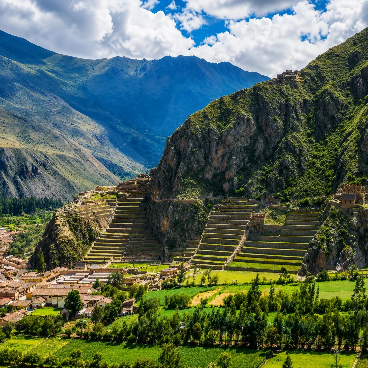 The fortress terraces of Ollantaytambo rising above the town