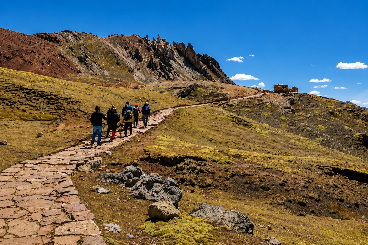 Walkers on the stone path through the Palcoyo hills