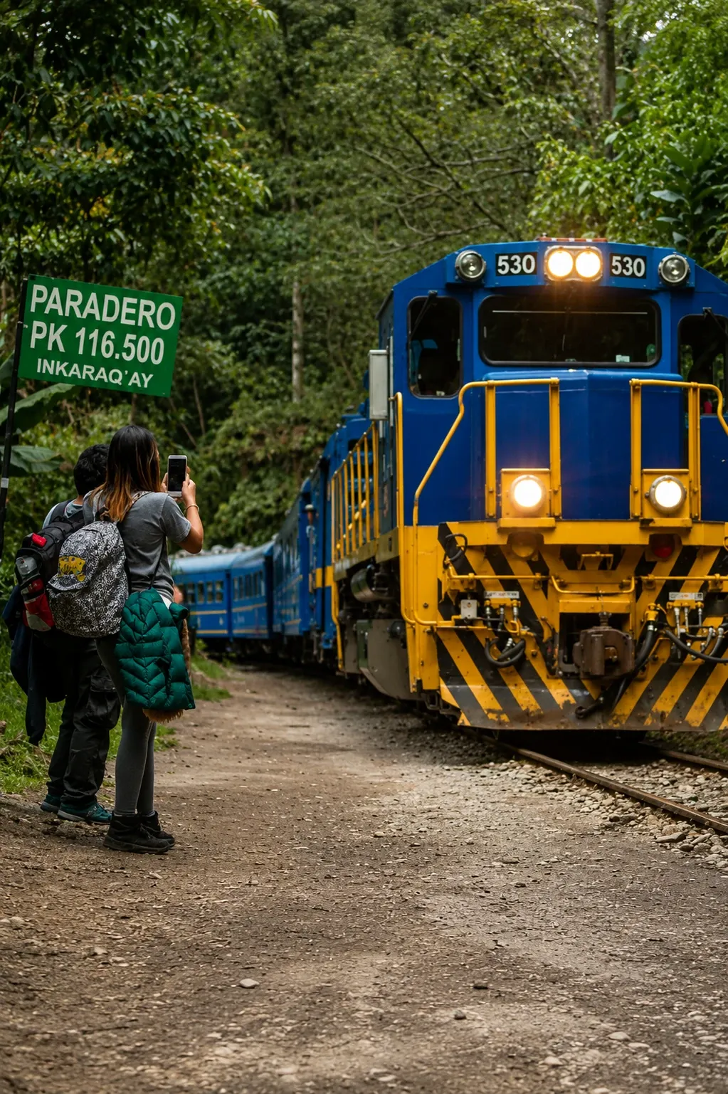 A locomotive pulling into a trackside halt in the cloud forest