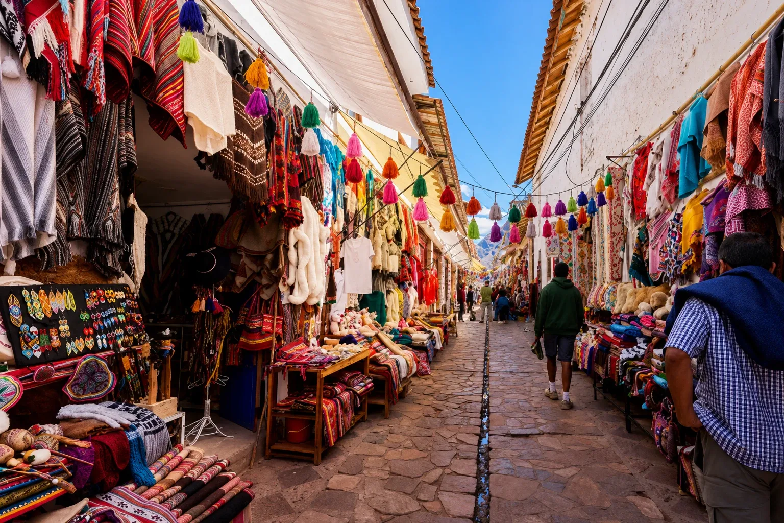 Textile stalls lining a street in the Pisac market