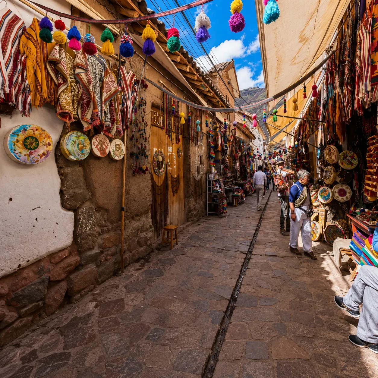 A cobbled street of craft stalls in Pisac