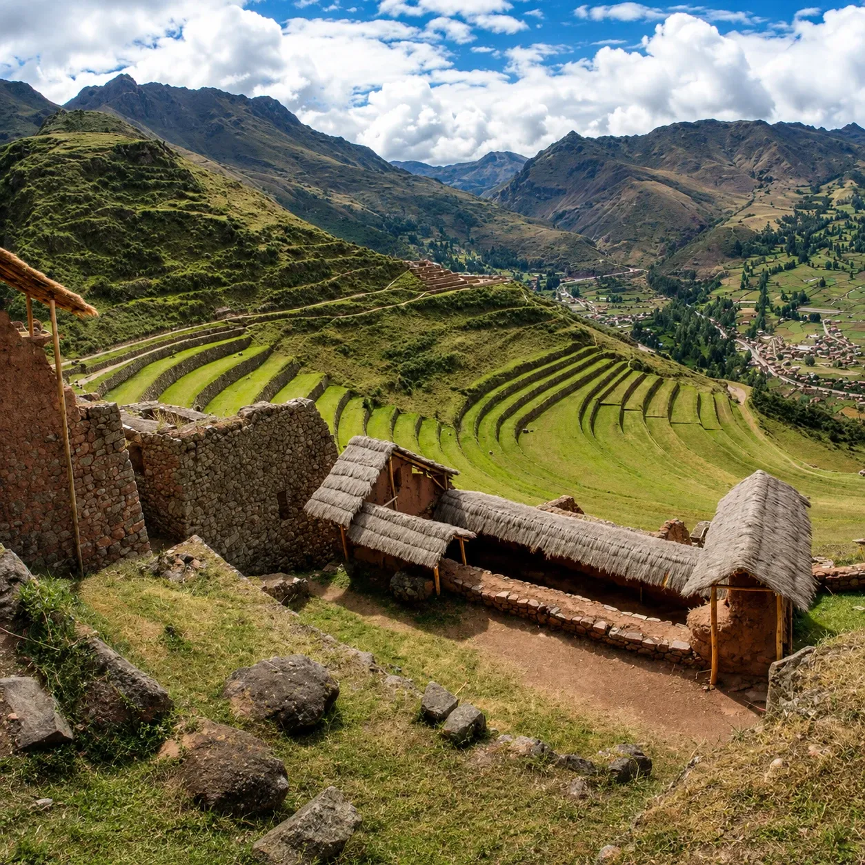 Inca terraces and buildings at Pisac above the Sacred Valley