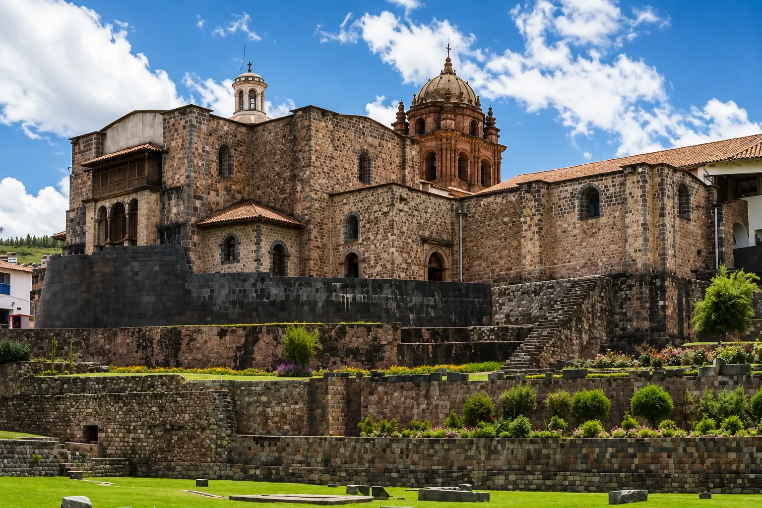 The curved Inca wall of Qoricancha beneath the church of Santo Domingo