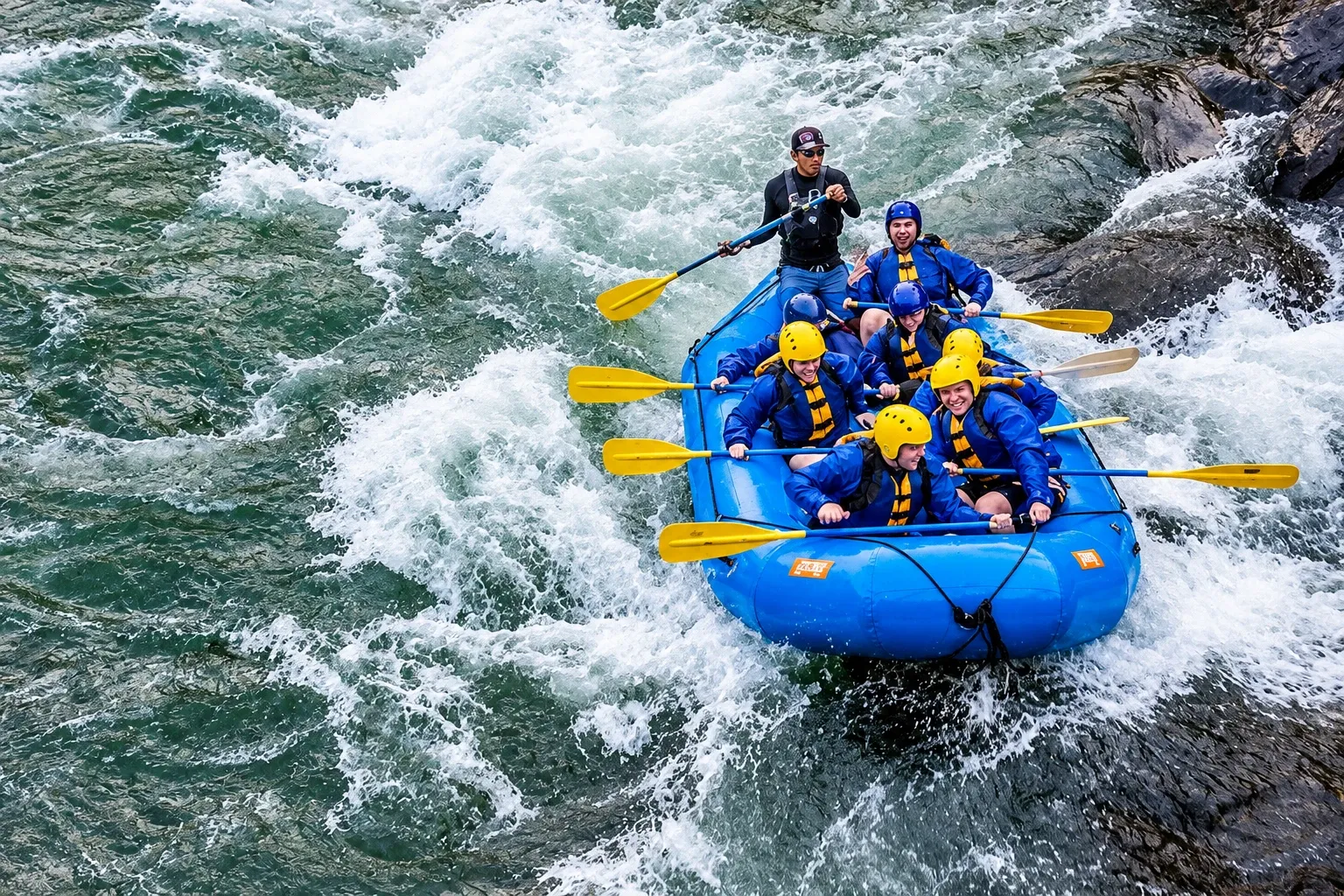 A raft crew paddling through white water