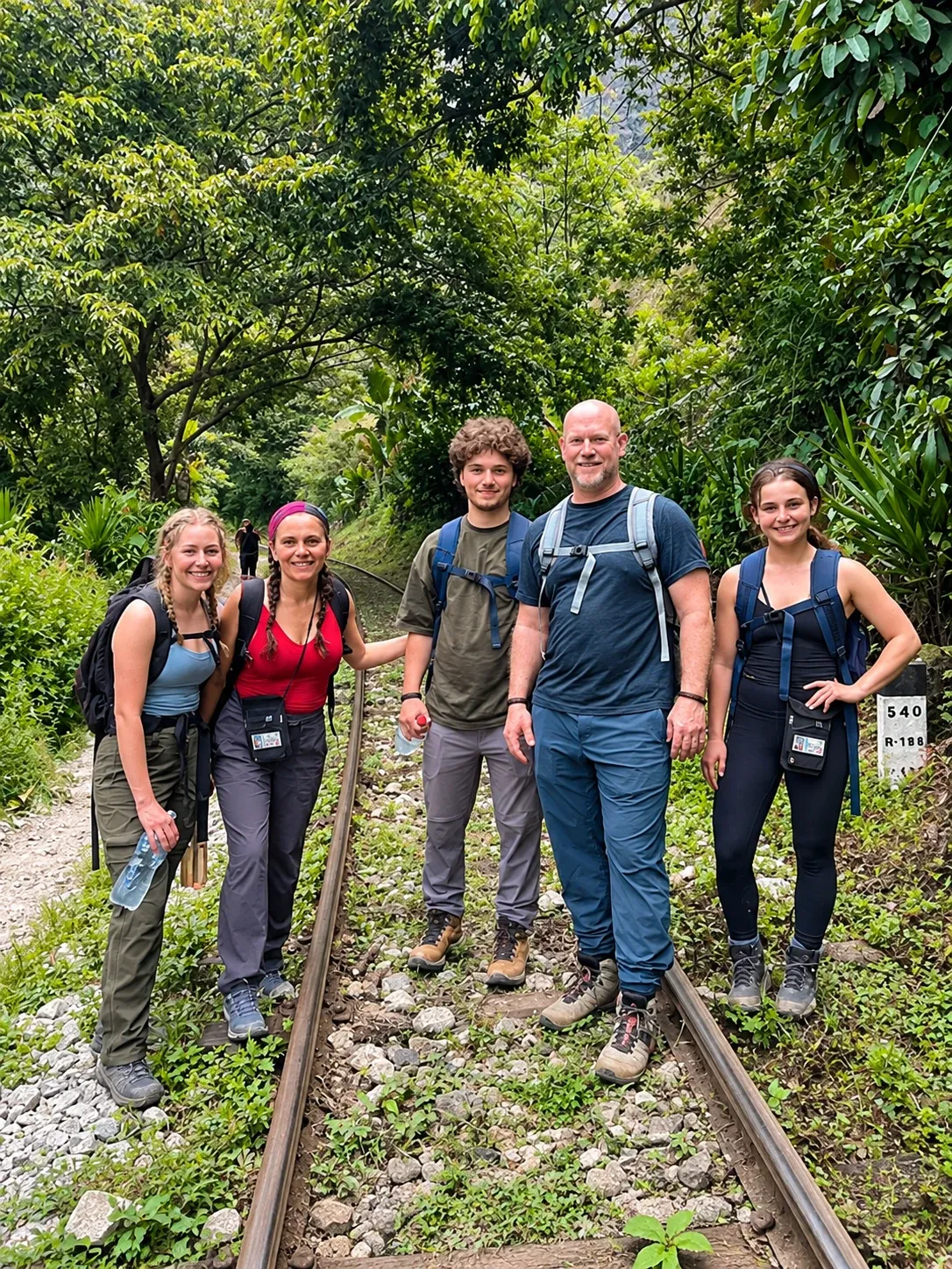 Walkers on the railway track through the forest towards Aguas Calientes