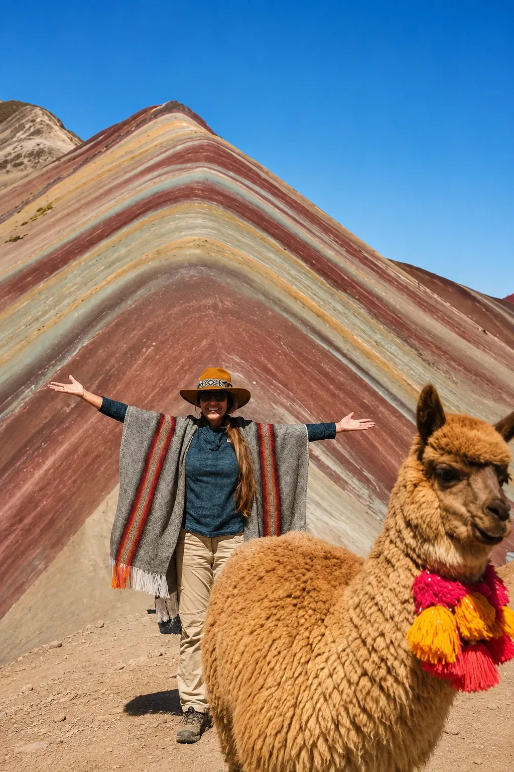 A visitor and an alpaca in front of the striped slope of Vinicunca