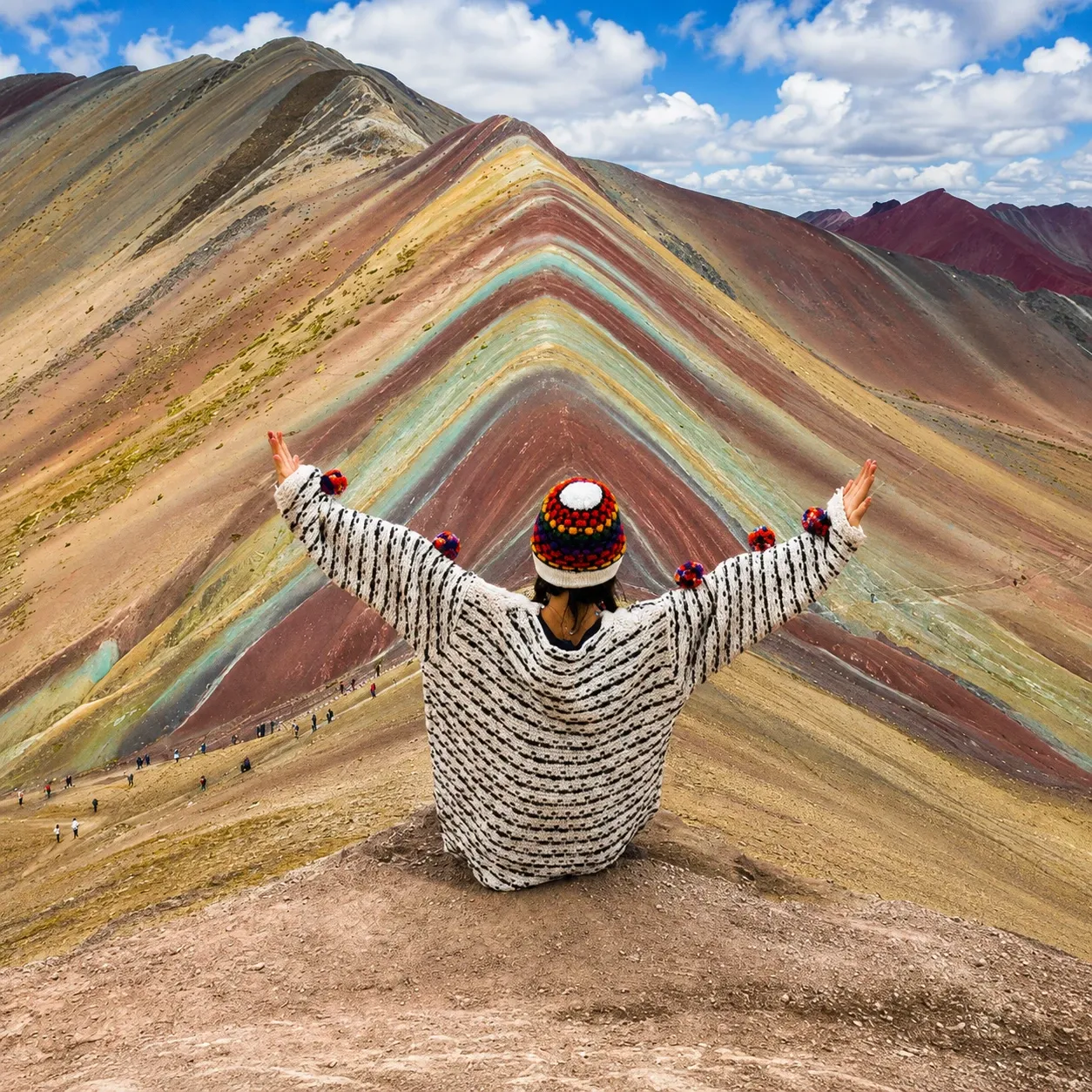A walker with arms raised facing Rainbow Mountain