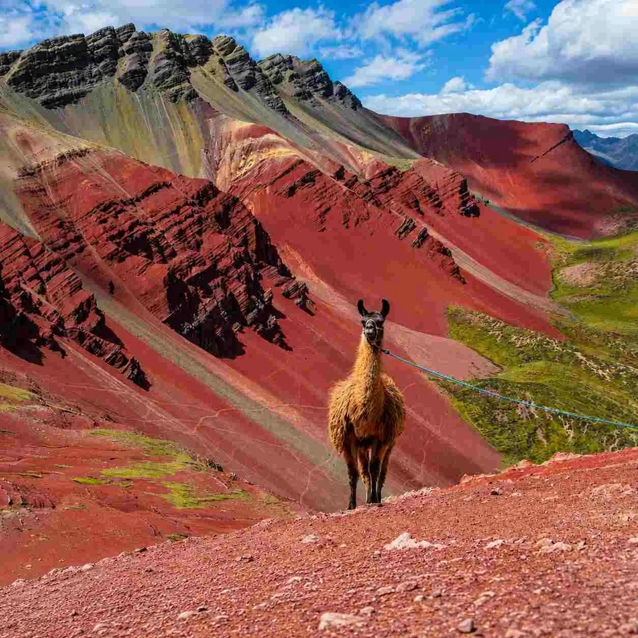 A llama standing on the red earth of the Red Valley