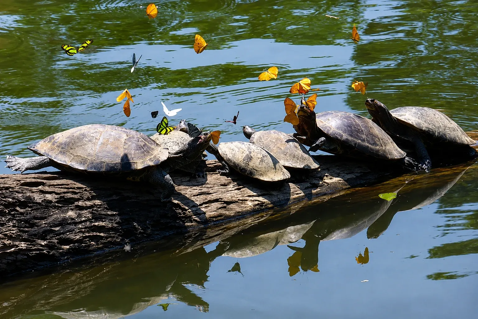 River turtles on a log with butterflies around them