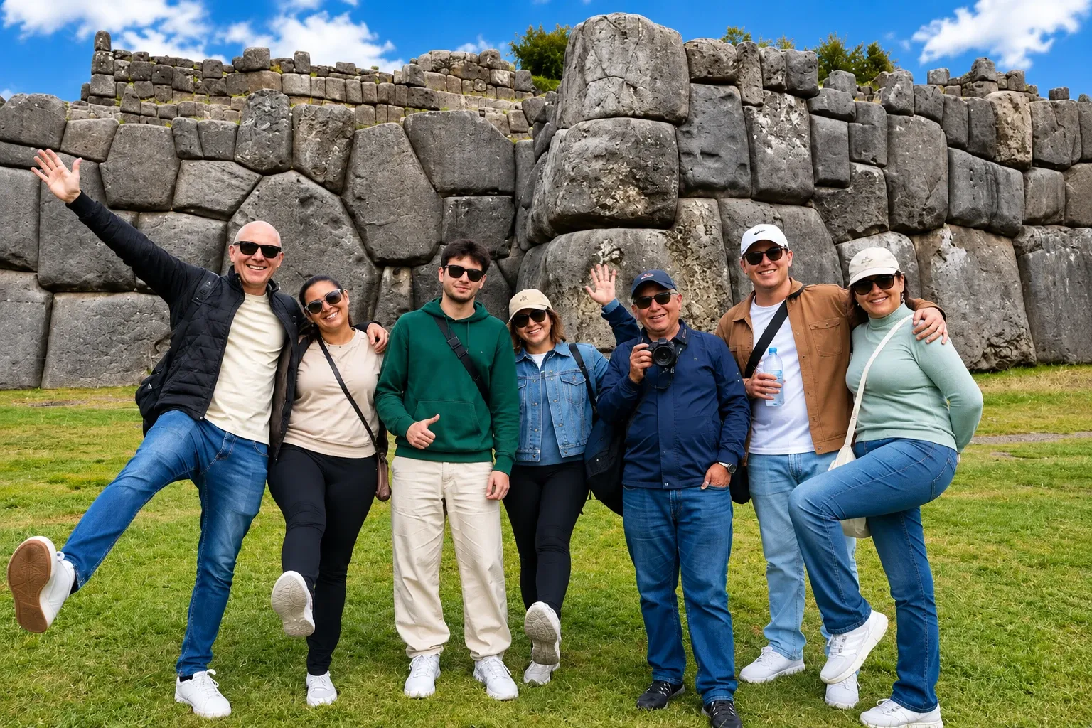 A group of visitors in front of the giant stones of Sacsayhuamán