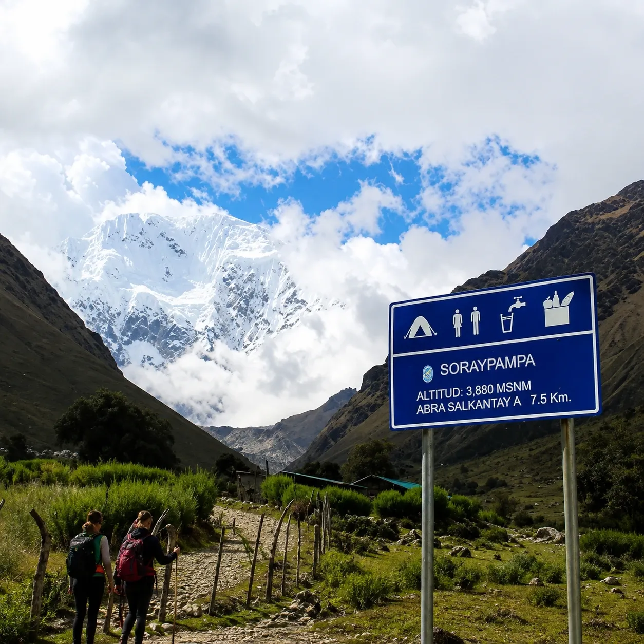 The Soraypampa trailhead sign with the mountain ahead