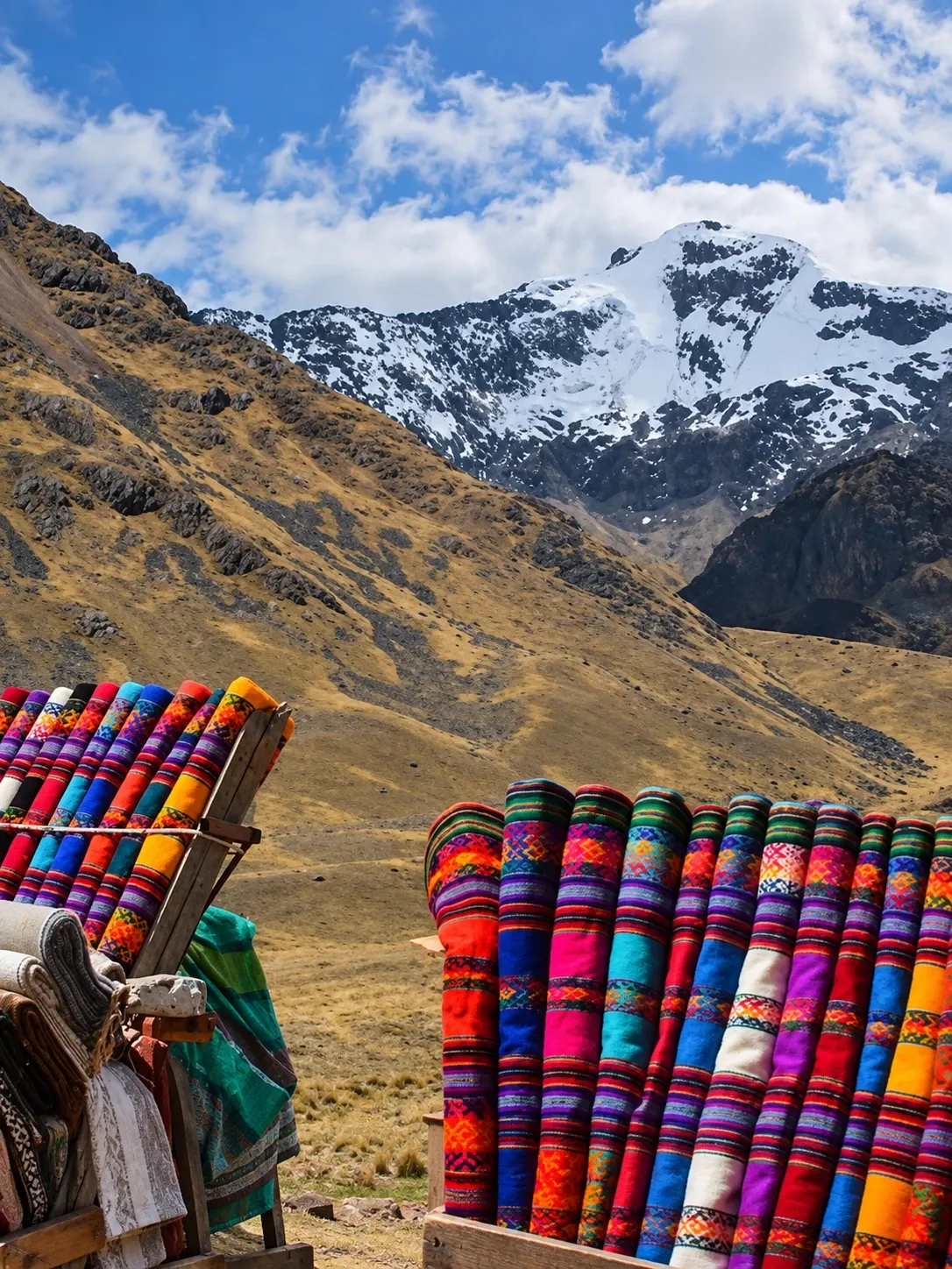 Handwoven textiles laid out with a snow peak behind