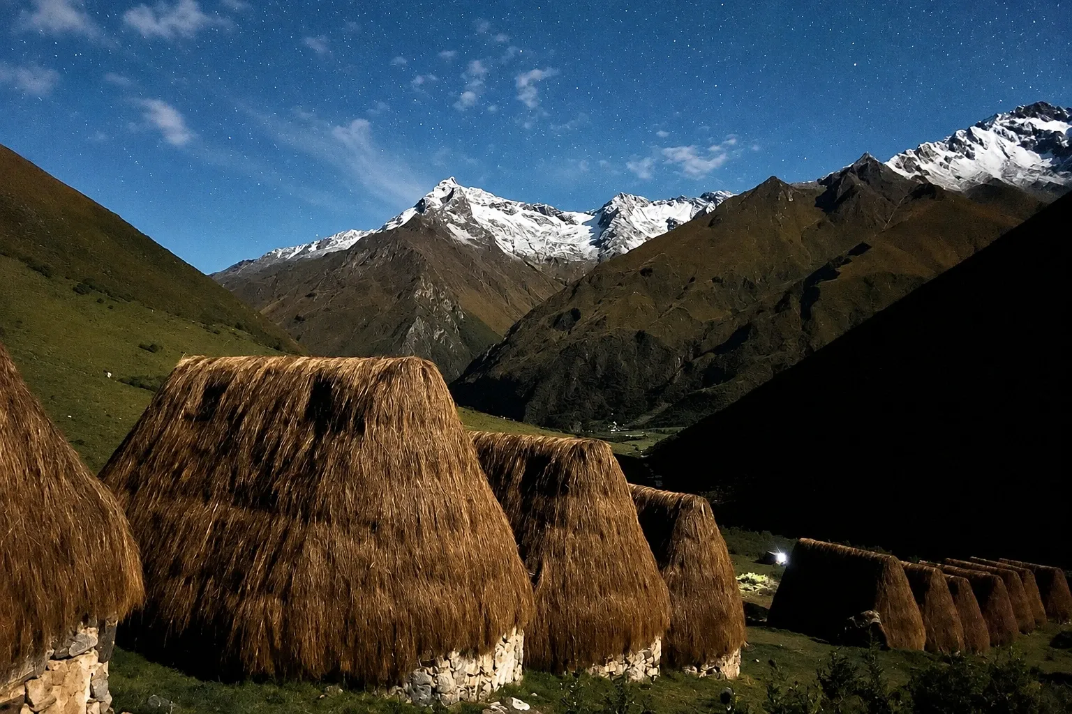 Thatched huts under a starry sky with snow peaks behind
