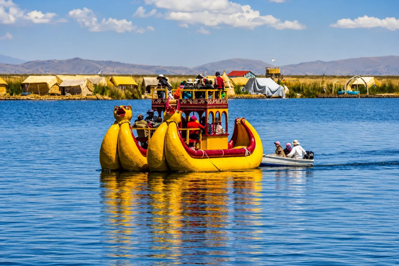 A twin-hulled reed boat crossing Lake Titicaca
