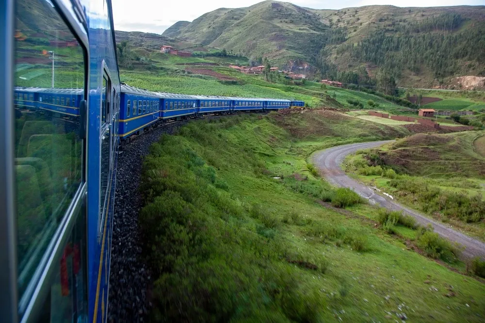 The train to Machu Picchu curving along the valley floor