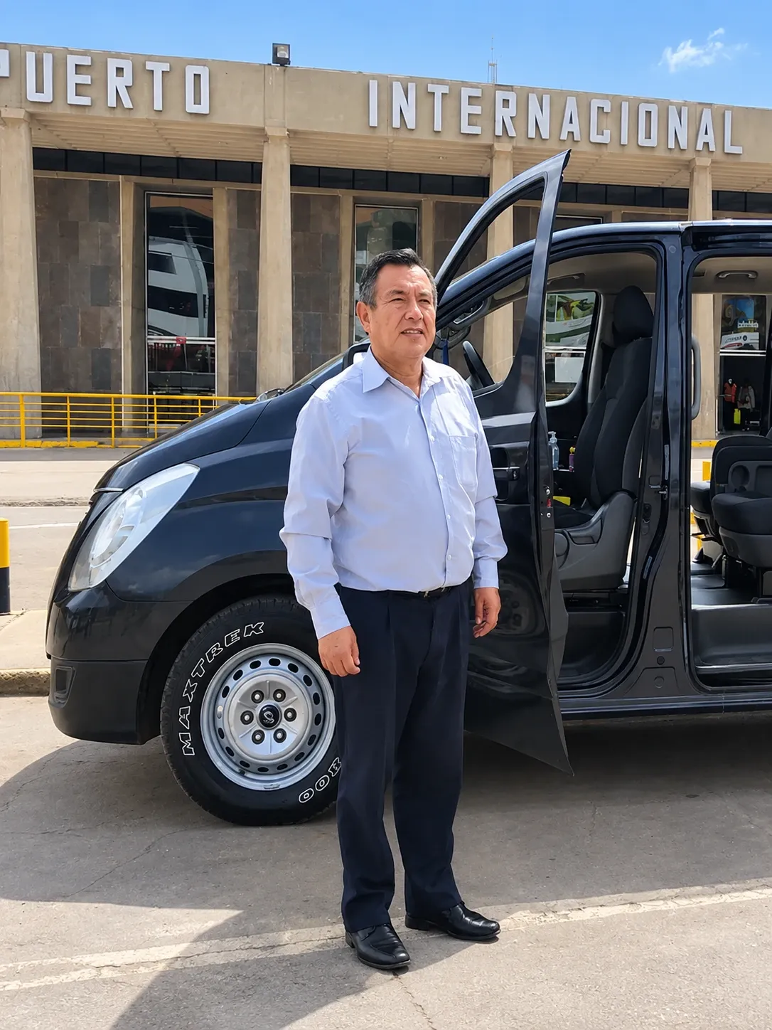 A driver waiting beside a private vehicle outside Cusco airport