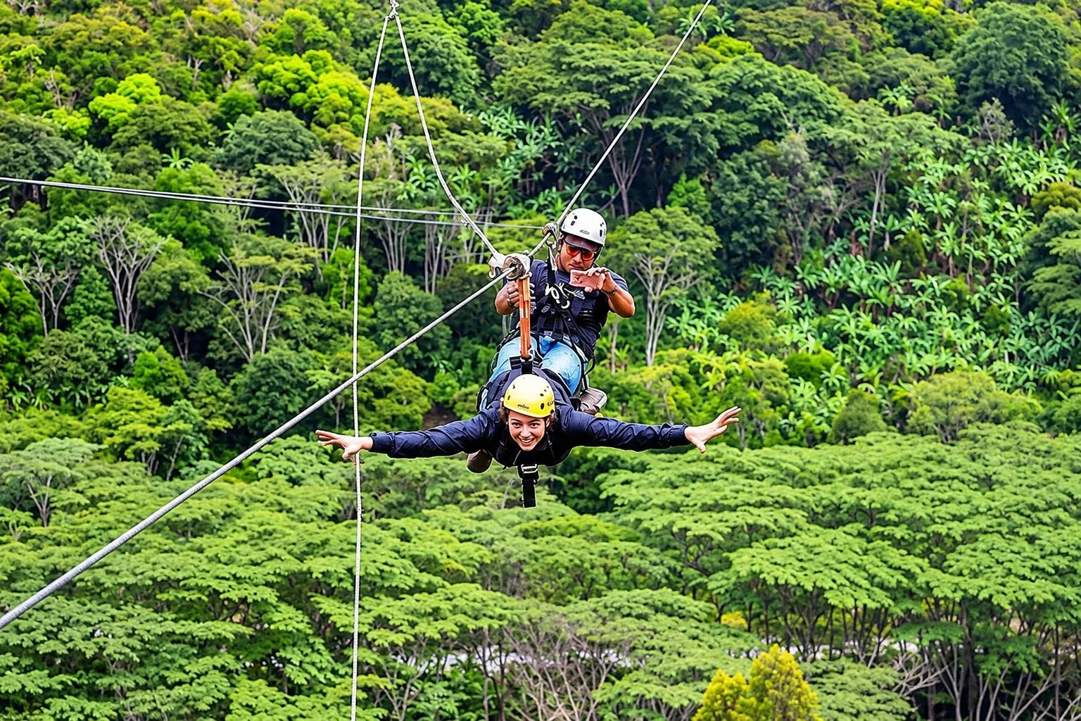 Two people on a zipline above the forest canopy